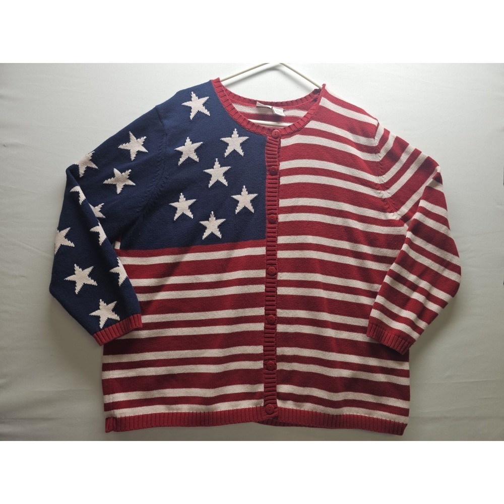 VTG Cherokee Cardigan Sweater 1X American Flag Stars & Stripes USA 4th Of July
